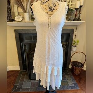YAYA Collection White Lace Ruffle Summer Midi Dress Tiered Medium Cottagecore